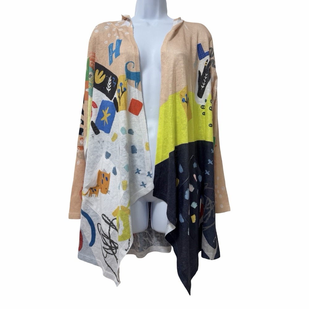 Inoah Womens Seeking Abstract Cat Print Hooded Cardigan Size L Artsy USA Made